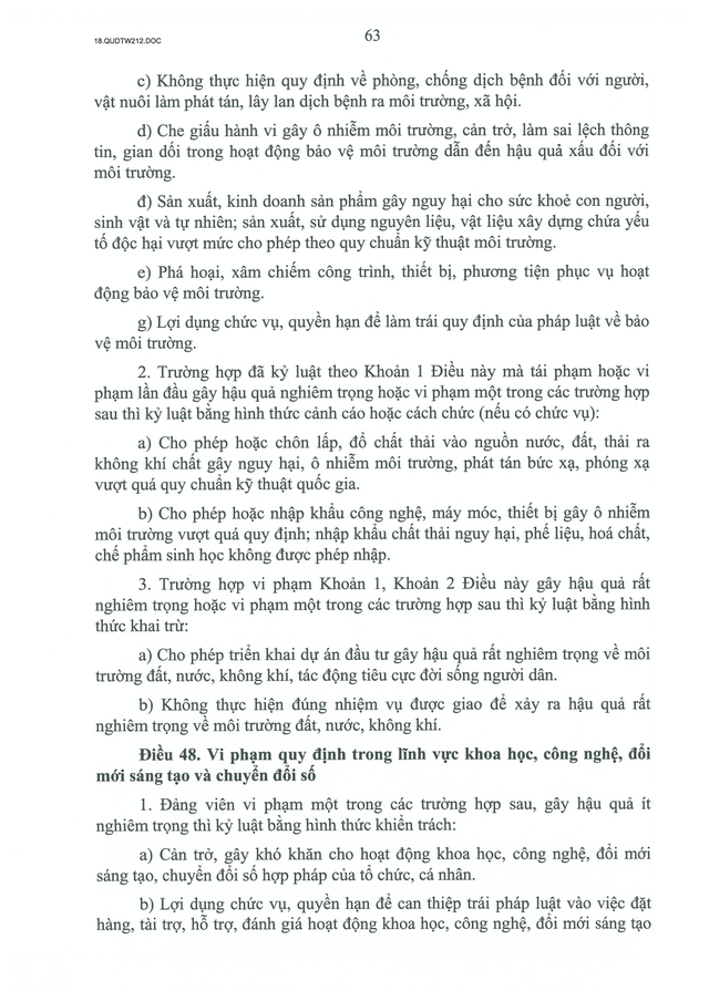 TOÀN VĂN: Quy định số 212-QĐ/TW của Bộ Chính trị quy định về kỷ luật tổ chức đảng, đảng viên vi phạm- Ảnh 63.
