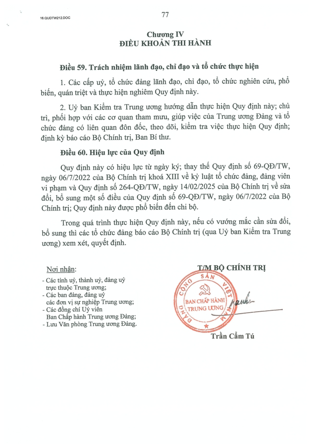 TOÀN VĂN: Quy định số 212-QĐ/TW của Bộ Chính trị quy định về kỷ luật tổ chức đảng, đảng viên vi phạm- Ảnh 77.