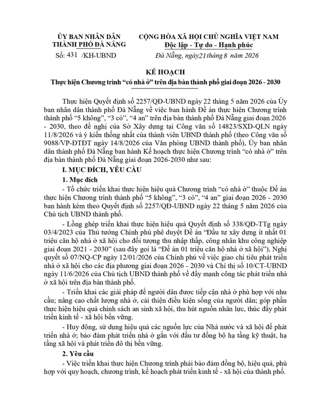 Kế hoạch 431/KH-UBND: Thực hiện Chương trình “CÓ NHÀ Ở”, phát triển Đà Nẵng bền vững, đáng sống- Ảnh 1.