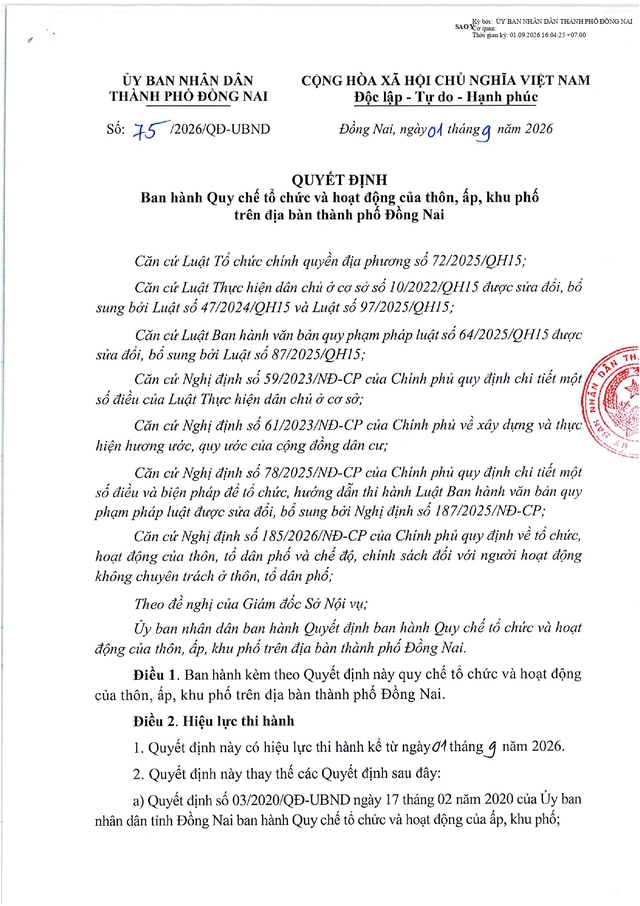 Quy chế tổ chức và hoạt động của thôn, ấp, khu phố trên địa bàn TP Đồng Nai- Ảnh 1.