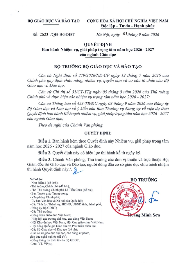 Quyết định số 2623/QĐ-BGDĐT ban hành Nhiệm vụ, giải pháp trọng tâm năm học 2026-2027 của ngành Giáo dục- Ảnh 1.