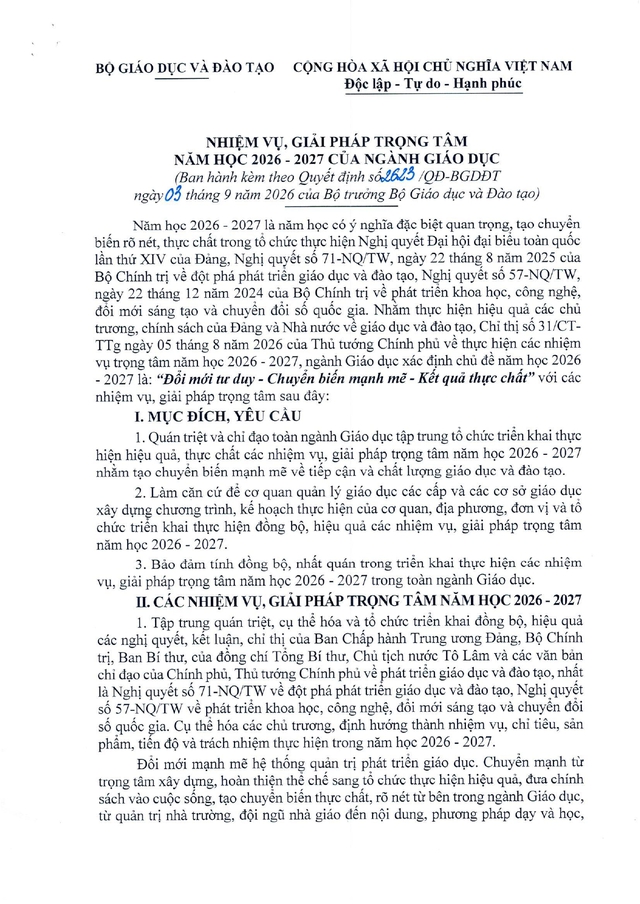 Quyết định số 2623/QĐ-BGDĐT ban hành Nhiệm vụ, giải pháp trọng tâm năm học 2026-2027 của ngành Giáo dục- Ảnh 2.
