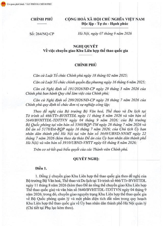 Nghị quyết số 264/NQ-CP: Chuyển giao nguyên trạng Khu Liên hợp thể thao quốc gia về Bộ Quốc phòng- Ảnh 1.