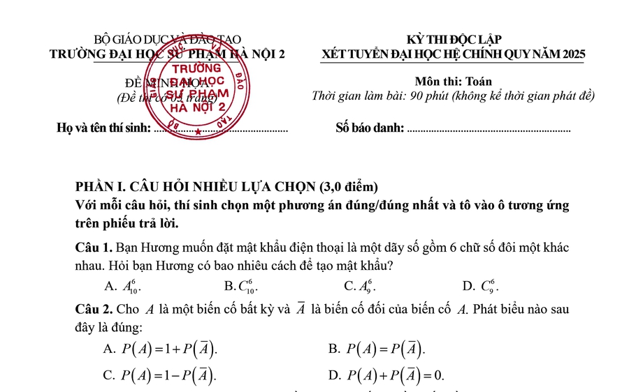 Đề minh họa môn Toán kỳ thi độc lập tuyển sinh của Trường ĐHSP Hà Nội 2 năm 2025