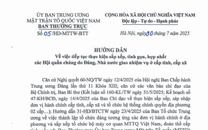 Hướng dẫn 05/HD-MTTW-BTT tiếp tục thực hiện sắp xếp, tinh gọn, hợp nhất các hội quần chúng do Đảng, Nhà nước giao nhiệm vụ ở cấp tỉnh, cấp xã