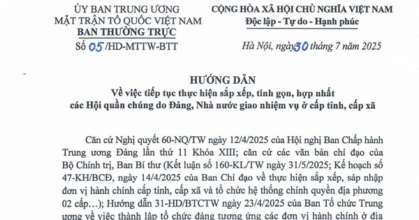 Hướng dẫn 05/HD-MTTW-BTT tiếp tục thực hiện sắp xếp, tinh gọn, hợp nhất các hội quần chúng do Đảng, Nhà nước giao nhiệm vụ ở cấp tỉnh, cấp xã